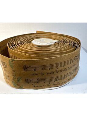 Kraft Paper Ribbon Roll Christmas Music Notes & Holly 2" Approx 12 Yards Vintage